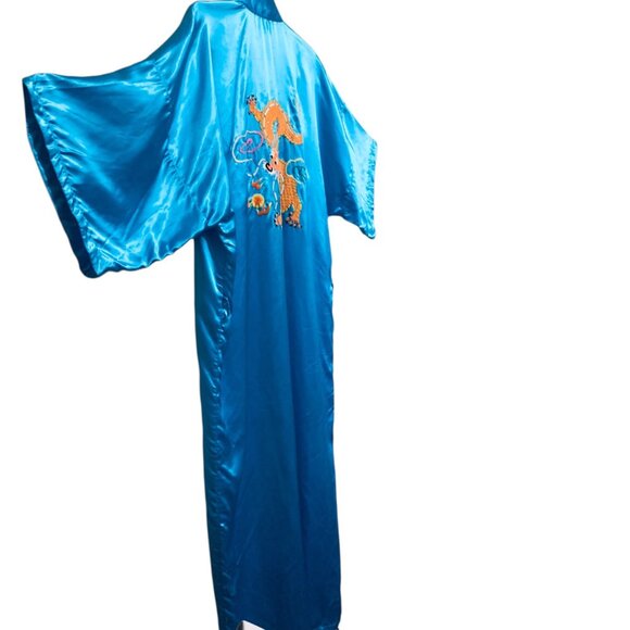 Vintage Blue Satin 5-Claw Dragon Embroidered Kimono Robe Pockets For Men Women - Picture 10 of 13